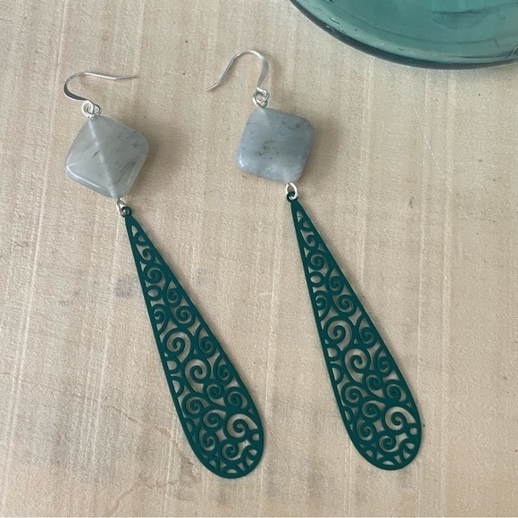 Hot Look Long Boho Statement Earrings 4” Jasper & Green Mixed Metal Handmade